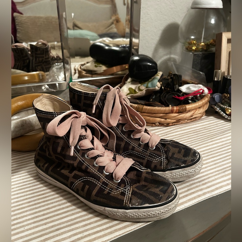 Fendi Brown High-Top Sneakers with Pink Laces